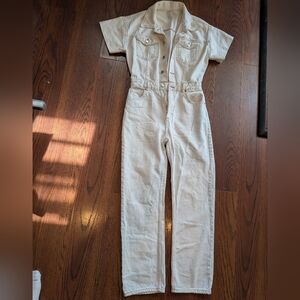 Zara Women's Cream Short Sleeve Jumpsuit Sz S Painter 90s Vintage-esque Spring